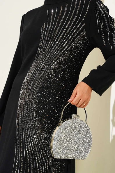 Mini Taş Süslemeli Abiye Elbise Siyah - Resim 4