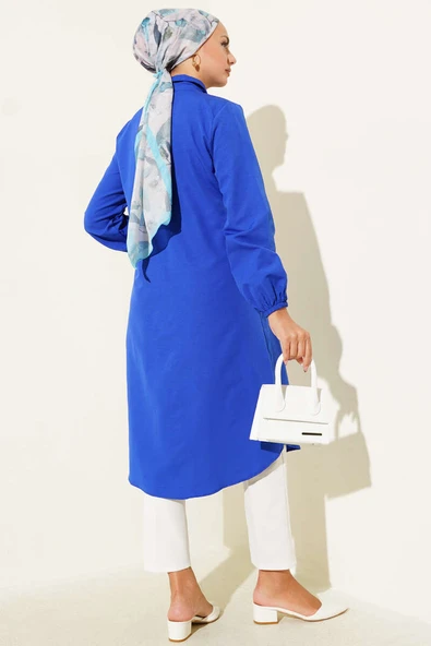 Gömlek Yaka Tek Cepli Uzun Gömlek Saks - Resim 3