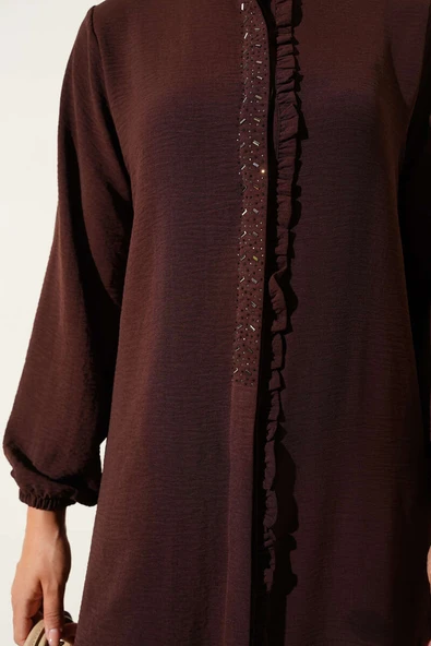 Önü Fırfırlı Taş Detaylı İkili Takım Kahve - Resim 4