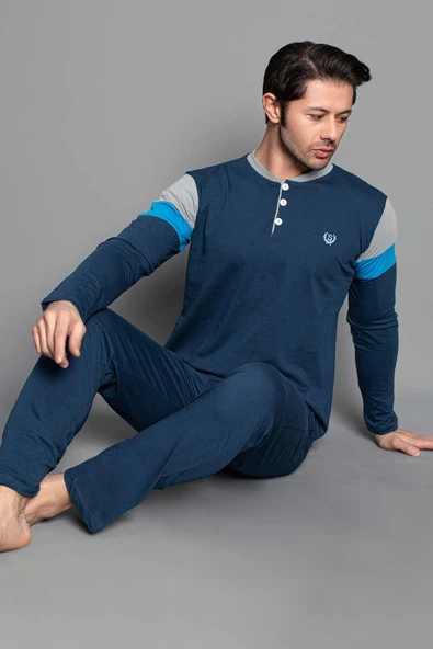 Kol Şeritli Uzun Kol Erkek Pijama Takımı İndigo ürün görseli 1