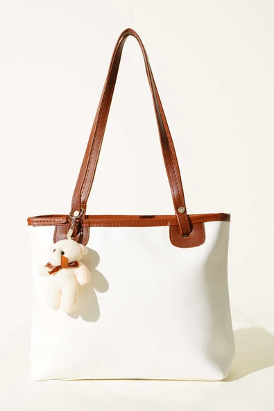 İnce Kulplu Ayıcık Aksesuarlı Çanta Beyaz - Resim 2