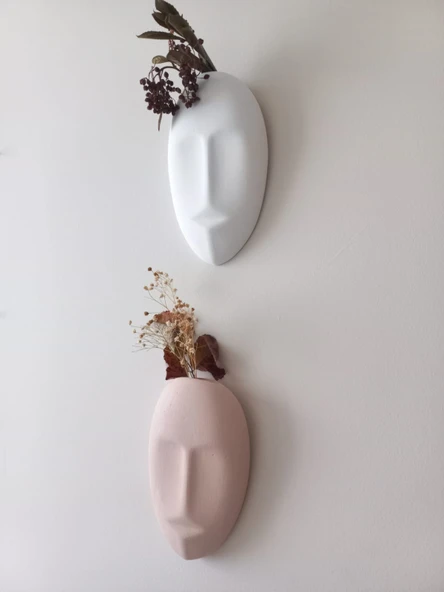 Dekoratif 2'li Yüz Duvar Vazosu, Duvar Süsü ,Heykel Aksesuar Beyaz Bej maske - Resim 3