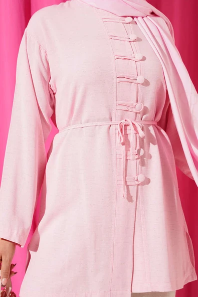 Önü Düğme Detaylı Keten Tunik Pembe - Resim 4