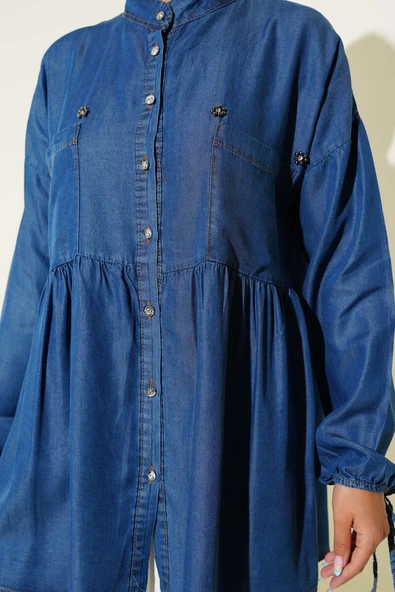 Bilek Bağcıklı Taş Düğmeli Kot Gömlek Koyu Kot - Resim 4