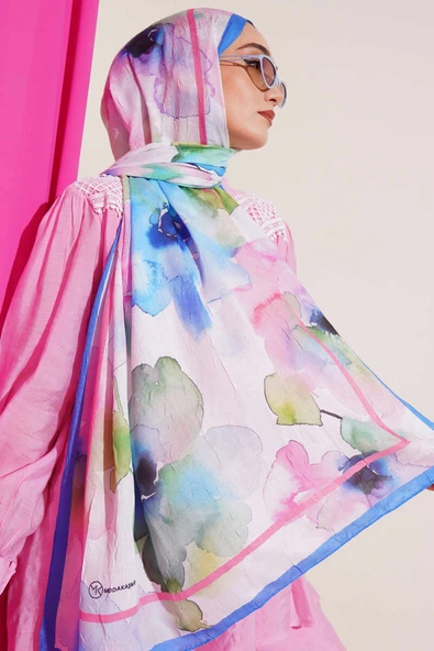 Çiçek Desenli Bambu Şal Açık Mavi - Resim 2