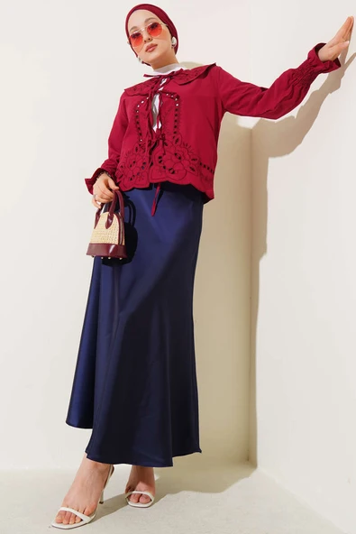 Bebe Yaka Nakışlı Bağlamalı Bluz Bordo - Resim 2