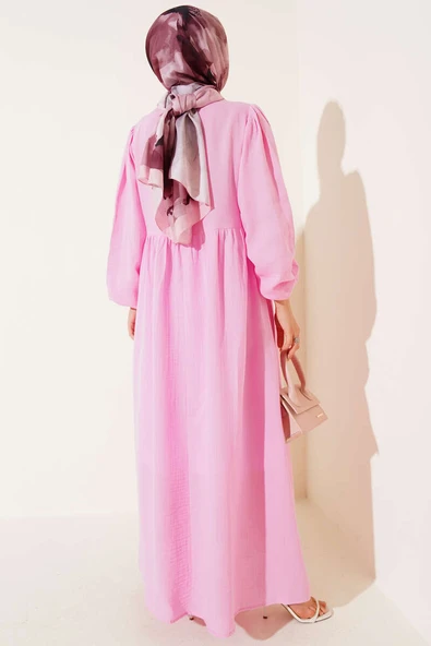 Fiyonk Detaylı Müslin Elbise Pembe - Resim 3