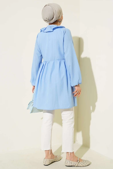 Yaka Fırfırlı Kabartma Çizgili Kimono Mavi - Resim 3