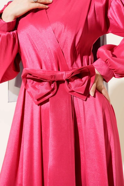 Kurdele Kuşaklı Abiye Elbise Fuşya - Resim 4