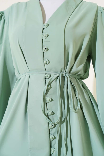 Brit Düğmeli İp Kuşaklı Tunik İkili Takım Mint Yeşili - Resim 4