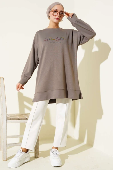 Loyşa Renkli Yazılı Tunik Vizon - Resim 2