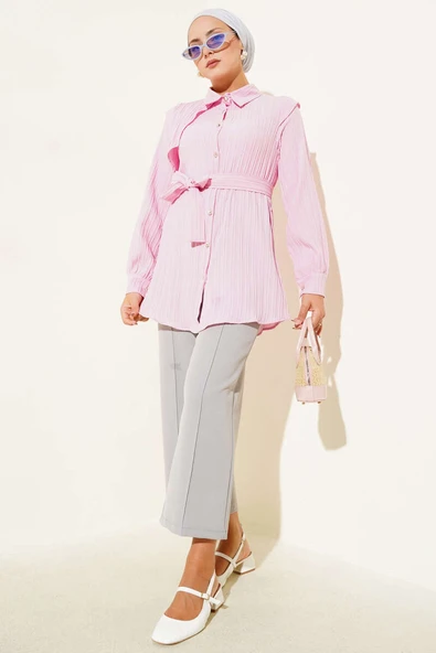 Tek Omuz Pelerinli Kuşaklı Gömlek Pembe - Resim 2