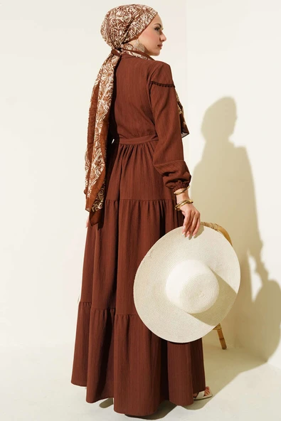 Bel Tünelli Düğmeli Ağaç Kabuğu Elbise Kahve - Resim 3