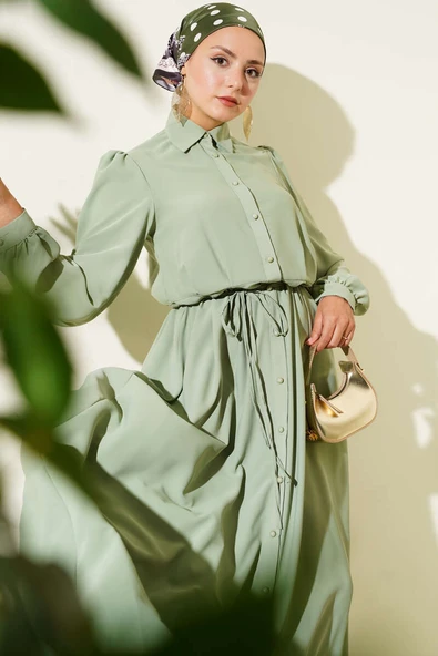 Boydan Düğmeli İp Kuşaklı Elbise Çağla Yeşili ürün görseli 1