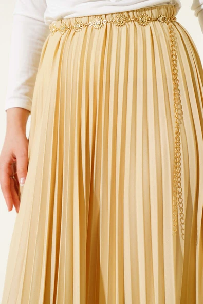 Fırfırlı Pileli Bel Lastikli Etek Kum Bej - 4