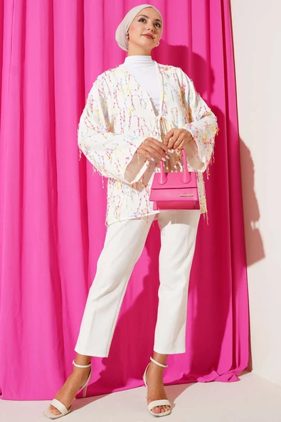 Renkli Püsküllü Bağlamalı Kimono Bej - Resim 2