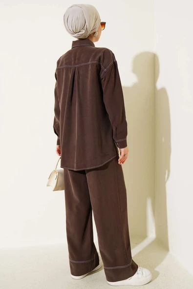 Gömlek Yaka Tek Cepli İkili Takım Kahve - Resim 3