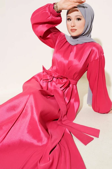 Kurdele Kuşaklı Abiye Elbise Fuşya ürün görseli 1