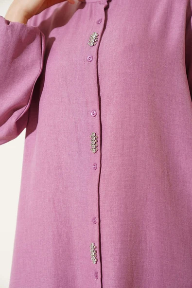 Önü Taş Detaylı Uzun Tunik İkili Takım Gül Kurusu - Resim 4