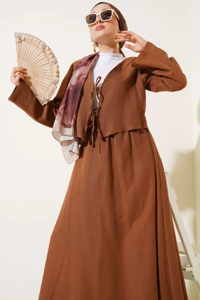 İp Bağcık Kimono Etekli İkili Takım Kahve - Resim 2