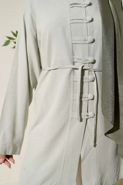 Önü Düğme Detaylı Keten Tunik Çağla Yeşili - Resim 4