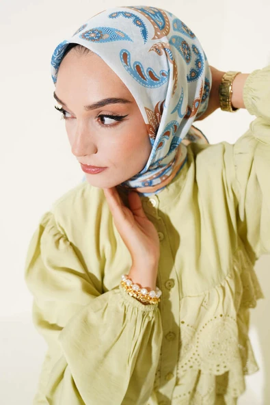 Paisley Detaylı Eşarp Soft Mavi - Resim 2