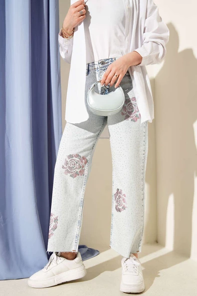 Gül Detaylı Mini Taş Detaylı Pantolon Açık Kar - Resim 2