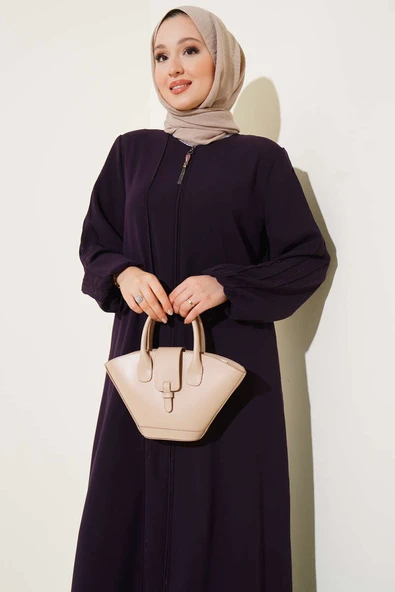 Taşlı Dikişli Omuz Vatkalı Büyük Beden Ferace Mor - Resim 2