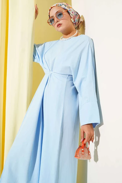 Bel İpli Oversize Basic Elbise Mavi ürün görseli 1