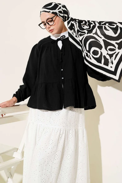 Brit Düğme Detaylı Bluz Siyah ürün görseli