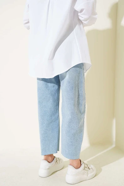 Kesik Paça Baggy Fit Kot Pantolon Açık Kar - Resim 3