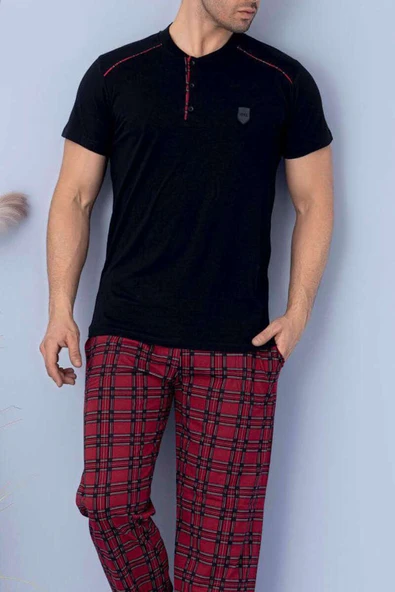 Kare Çizgili Kısa Kol Erkek Pijama Takım Siyah - Resim 2