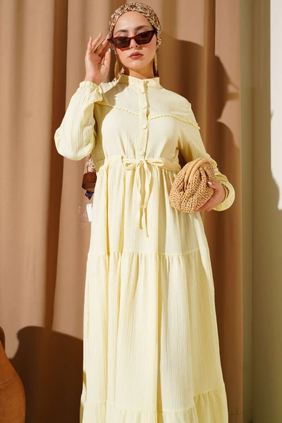 Bel Tünelli Düğmeli Ağaç Kabuğu Elbise Sarı - Resim 2