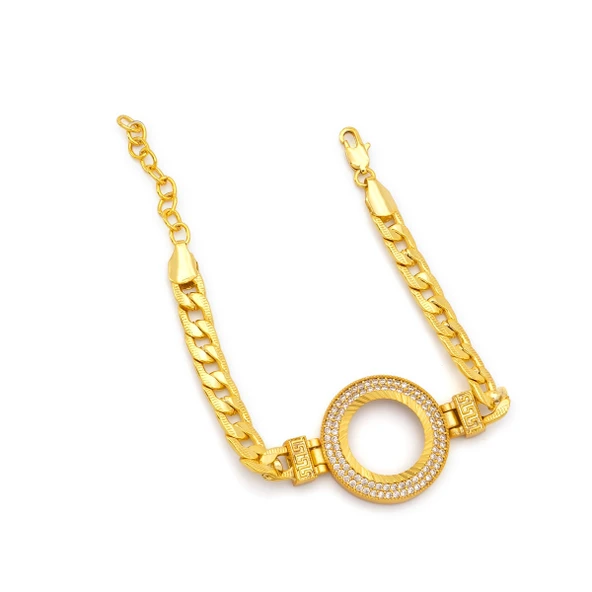 Altın Kaplama İmitasyon 2 Sıra Zirkon Taşlı Desenli Figaro Çeyrek Çerçeve Bileklik BLK-1169 - 2