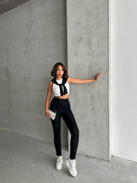 Gizli yan fermuarlı bulut desenli tayt siyah h248638 - 3