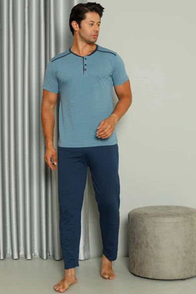Şerit Detaylı Kısa Kol Erkek Pijama Takımı Mavi - Resim 2