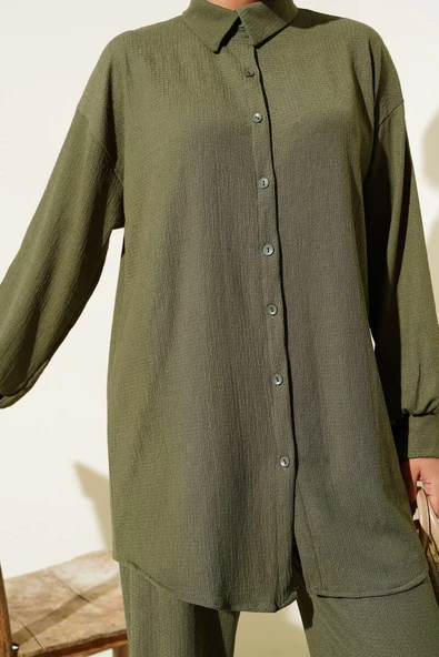 Gömlek Yaka Bürümcük İkili Takım Haki - Resim 4