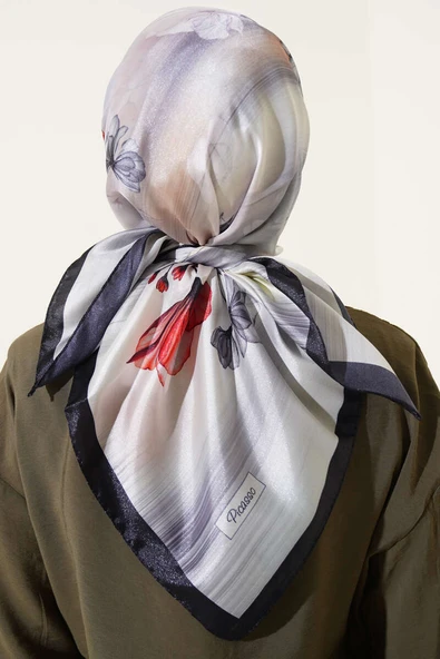 Çiçek Desen Twill Eşarp Siyah - Resim 3