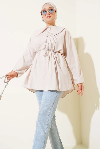 Yarım Düğmeli Nervürlü Tunik Taş ürün görseli