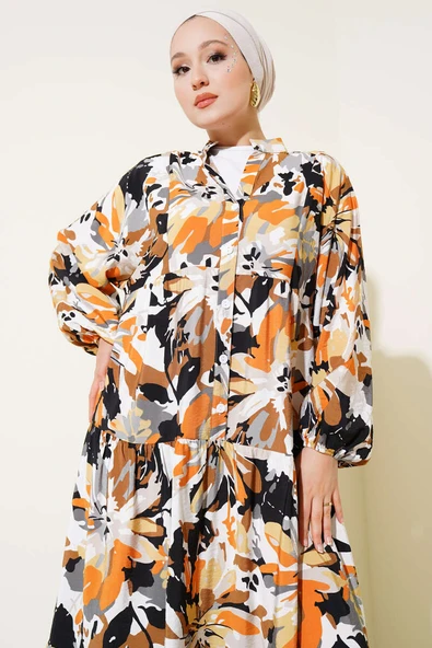 Yarım Düğmeli Karmaşık Desenli Elbise Camel - Resim 2