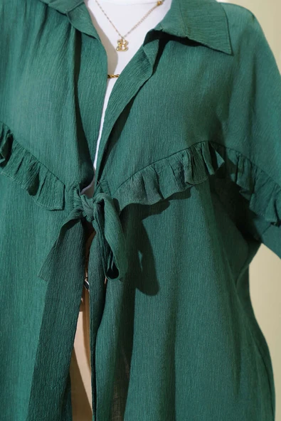 Önü Fırfır Bağlamalı Kimono Zümrüt - Resim 4