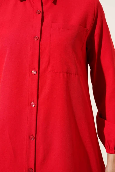 Gömlek Yaka Tek Cepli Uzun Gömlek Kırmızı - Resim 4