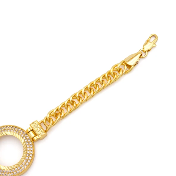 Altın Kaplama İmitasyon 2 Sıra Zirkon Taşlı Zincirli Çeyrek Çerçeve Bileklik BLK-1163 - Resim 5