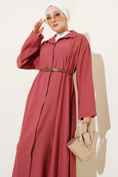 Boydan Düğmeli Kemerli Basic Elbise Gül Kurusu - Resim 2