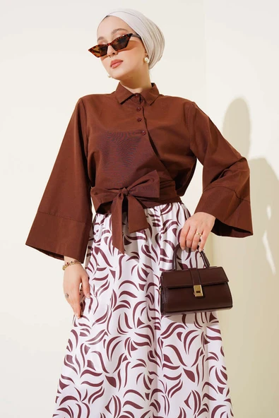 Yandan Bağlamalı Etekli İkili Takım Kahve - Resim 2