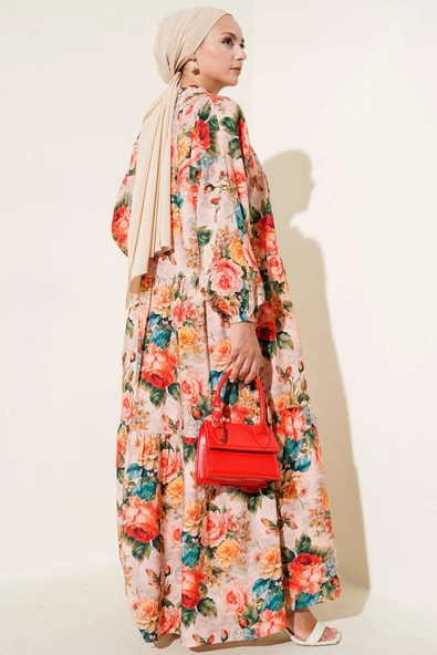 Yarım Düğmeli Gül Desenli Elbise Kırmızı - Resim 3