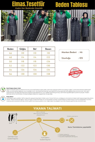 Kadın Tesettür Büyük Beden Kapüşonlu Fermuarlı Kürklü Piramit Desen Şişme Kapitone Yelek - Resim 4