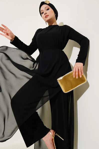 Belden Bağlamalı Şifon Tulum Siyah ürün görseli 1