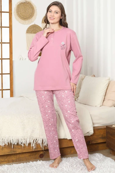 Çiçek Nakış Detaylı İnterlok Pijama Takımı Pudra - Resim 2