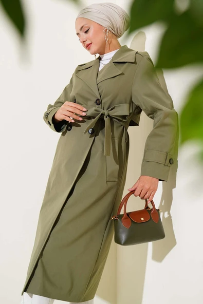 Dört Düğmeli Kruvaze Yaka Trençkot Haki ürün görseli 1